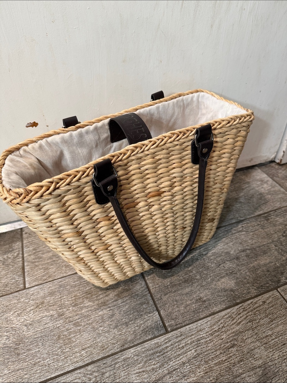 Woven Straw Tote with Dark Brown Handles and Cream Lining
